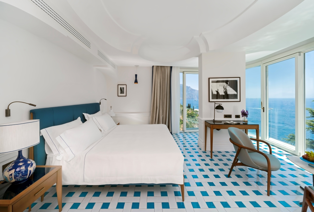 Blue-and-white suite interior at Borgo Santandrea on the Amalfi Coast, Italy