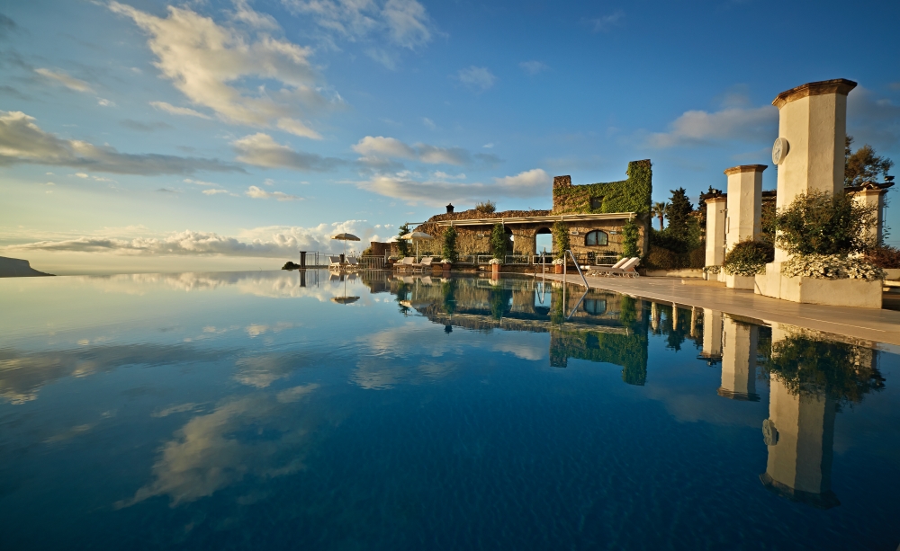 Infinity pool at Caruso, A Belmond Hotel, Amalfi Coast, overlooking Ravello and the Mediterranean Sea