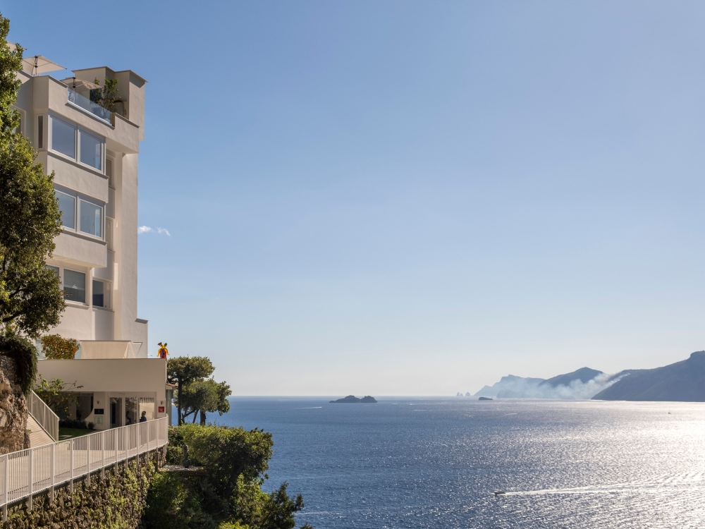 Exterior of Casa Angelina in Praiano, overlooking the Mediterranean Sea on the Amalfi Coast, Italy