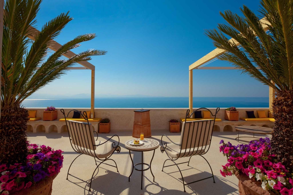 Rooftop terrace at Monastero Santa Rosa Hotel and Spa with Mediterranean Sea views