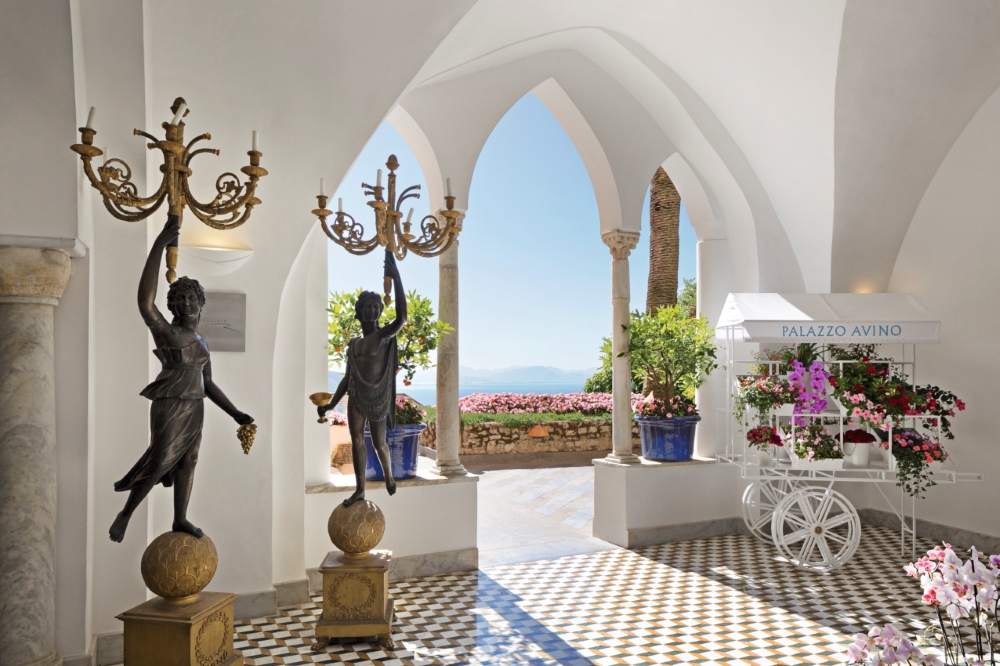 Arched entrance terrace at Palazzo Avino in Ravello overlooking the Mediterranean Sea