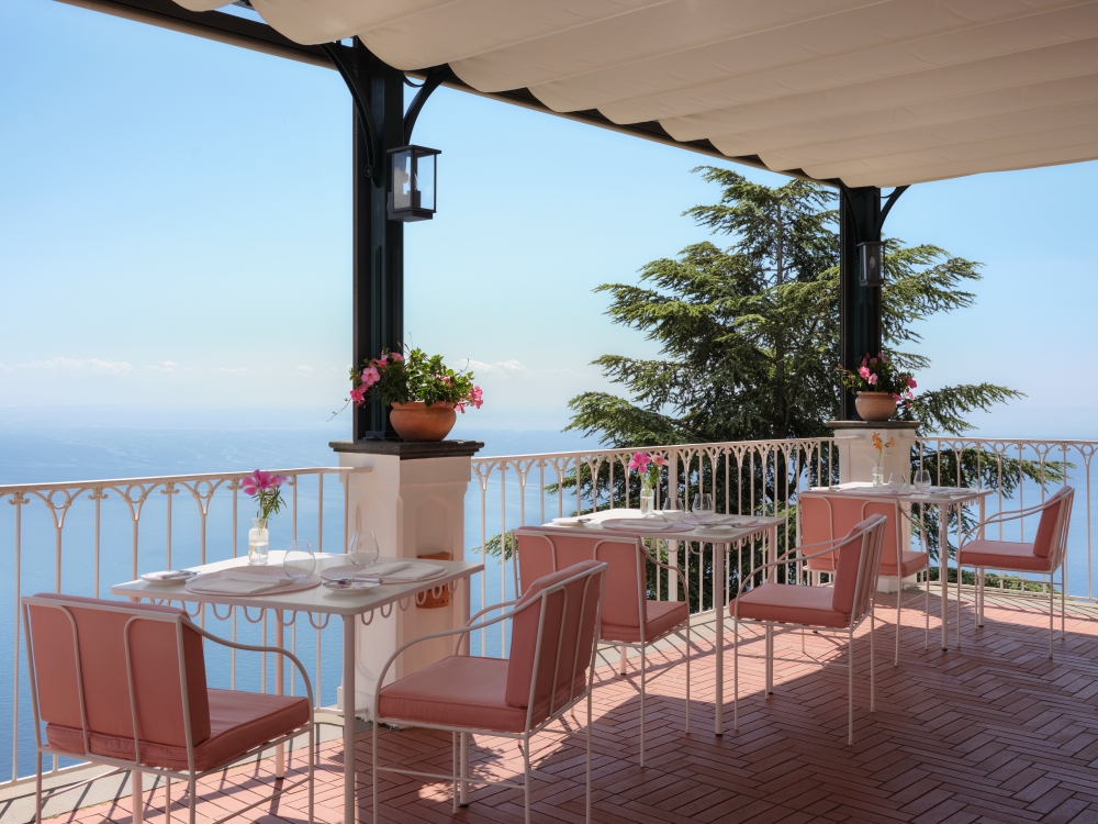 Terrace at Terrazza Maraviglia restaurant at Palazzo Avino, with sea views in Ravello