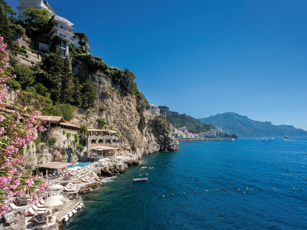 Cliffside exterior of Santa Caterina Hotel overlooking the Mediterranean Sea near Amalfi, Italy