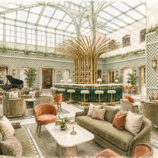 Dromoland Castle’s new glass-enclosed Atrium with elegant seating, greenery and a bar area
