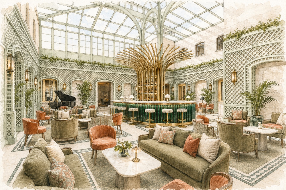 Dromoland Castle’s new glass-enclosed Atrium with elegant seating, greenery and a bar area